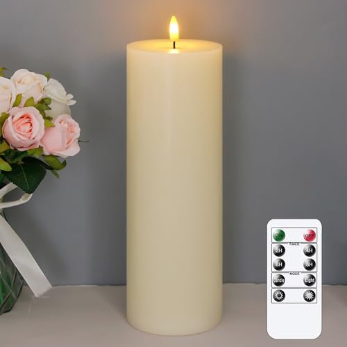 Wroxipel 10cm x30cm Flameless Flickering Remote Ivory LED Candles with Wax Oil and Timer, Battery Operated Fake Real Wax 3D-Wick Pillar Candles, Pack of 1