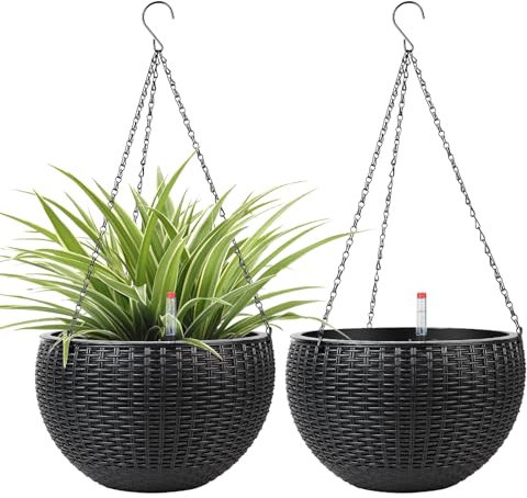 CPROSP 2pcs 28cm Auto-Riego Jardinera Colgante con Indicadores de Nivel de Agua y Ganchos De Cadena, Autorriego Maceta Colgante, Jardinera De Riego Maceta Auto para Exteriores, Techos, Balcones Negro