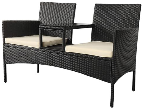Panana Rattan Loveseat Patio Love Seat 2 Seater Bench with Beige Cushions, Built-In Centre Glass Table Wicker Garden Furniture for Outdoor Balcony Poolside Bistro