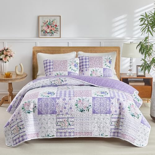 Joyreap 3-teiliges Bettwäsche-Set mit Blumenmuster, Queen-Size-Bett, Patchwork, lila und rosa Blumen, glatte weiche Mikrofaser, Tagesdecke, Bettbezug für alle Jahreszeiten, 1 Steppdecke und 2