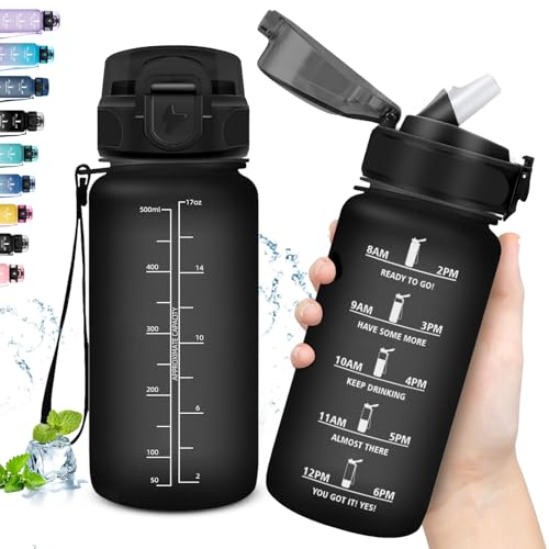 Grsta Gourde, 500ml Gourde Enfant, Gourde avec Paille Anti-Fuite, Gourde Sport pour Garçon & Fille, Facile à Nettoyer, Gourde Graduée avec Slogan de Motivation, pour l'École, Bureau, Extérieur, Noir