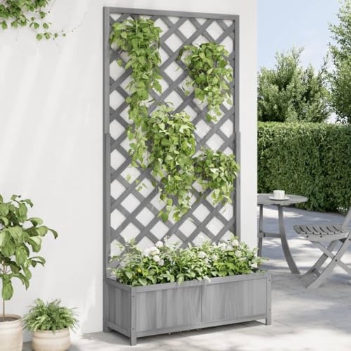 Tidyard Pflanzkübel mit Rankgitter Blumenkasten Gartenspalier Rankgitter Rankhilfe Grau Massivholz Tanne
