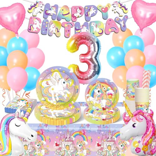 Decoración de unicornio para cumpleaños infantil, 3 años, decoración de cumpleaños para niñas, juego de vajilla para fiesta de cumpleaños, vajilla con globos, vasos, servilletas, mantel para 10