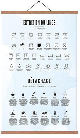 EASTJOY Buanderie Poster,Décoration de Blanchisserie,Français,Symboles de Lavage Affiche,Avec du Teck Porte Affiche 65X40cm(Grand A2)