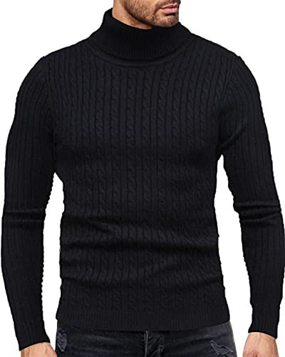 Fastkoala Hommes Pulls Col roulé Pullover Chaud Basique Jumper Tricot Cardigan Tops Régulier Slim Fit Noir L