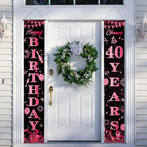 Happy 40th Birthday Door Banner Hot Pink 40th Birthday Party Decorations, 40th Birthday Door Decorations Porch Hanging Banner for Women 40 Year Old Indoor Outdoor Garden Hot Pink