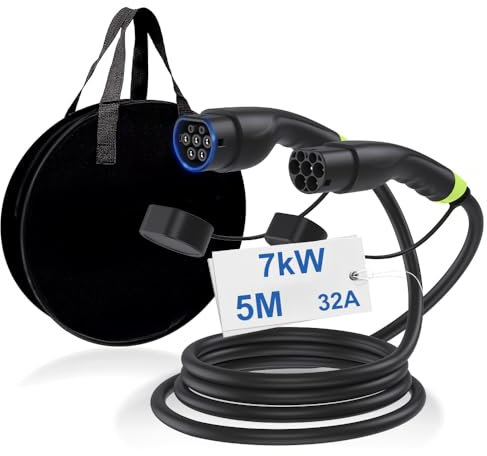 LEISHENG ENERGY EV Charging Cable Type 2, 32A / 7kW Portable Car Charging Cable with Bag, 1 Phase/ 5 Meters, Black&Green