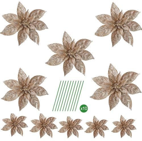 TRIXES 10 PZ Champagne Glitter Poinsettia Fiori Artificiali, Decorazioni per Alberi di Natale e Ghirlande, 2 Misure Assortite