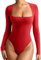 REORIA Womens Sexy Long Sleeve Square Neck Lightweight Double Lined Basic Layering Slim Soft Leotards Shirts Fall Going Out Bodysuit Tops Red Large