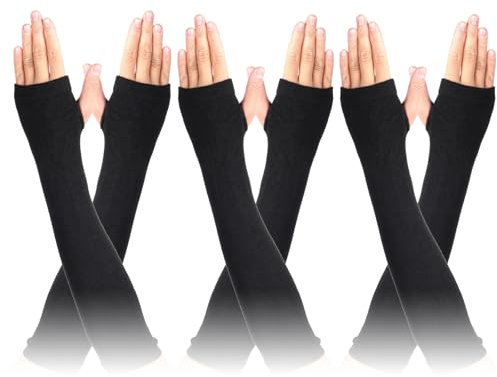 WLLHYF 3 Paar Kaschmir Feel Handgelenk Fingerlose Handschuhe mit Daumenloch Winter Strick-Fingerlose Handschuhe Armstulpen (Schwarz)
