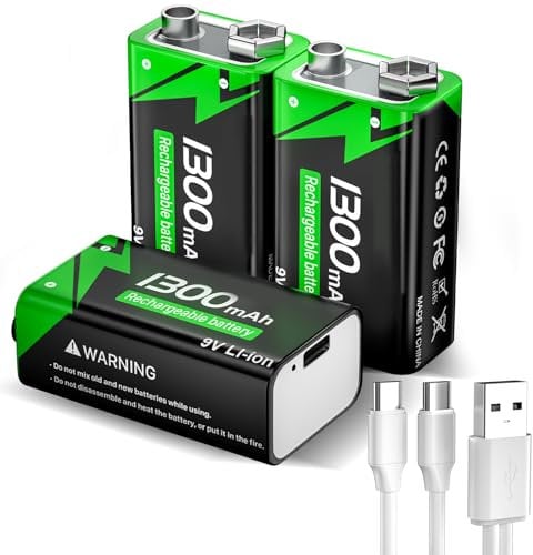 9V Wiederaufladbare Akku, 1300mAh Lithium-ionen Block Batterien mit USB-C-Schnellladekabel ideal für Rauchmelder, Feuermelder, Alarme, Mikrofon, Multimeter usw (3 Stück)