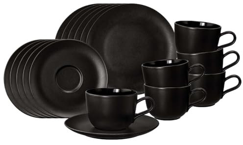 Seltmann Weiden Liberty Velvet Black Kaffeeservice 18-teilig, Kaffeetassen mit Untertassen (260 ml) und Frühstücksteller (23 cm) für 6 Personen, Geschirr-Set mit mattem Finish, Porzellan, Schwarz