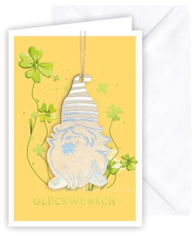 KE - Premium Grußkarte mit Wichtel und Kleeblättern - Weiß mit Folienveredelung und Holzteil an Juteband