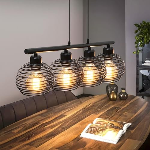 ZMH Pendelleuchte Esstisch Hängelampe Vintage: Esstischlampe Schwarz Retro Industrial Metall Hängeleuchte E27 Fassung 4 flammig Design Gefedert Pendellampe für Esszimmer Küche (4 Glühbirnen enthalten)