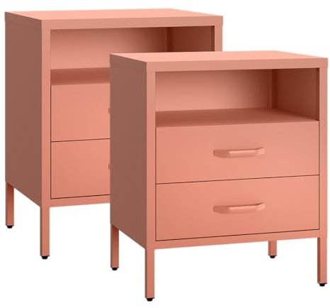 skølm Nachttisch Mizar aus Metall, Nachtschrank mit 2 Schubladen, Beistellschrank für Schlafzimmer, Wohnzimmer, Nachtkommode terrakotta 60x50x38 cm (HxBxT), 2er-Set