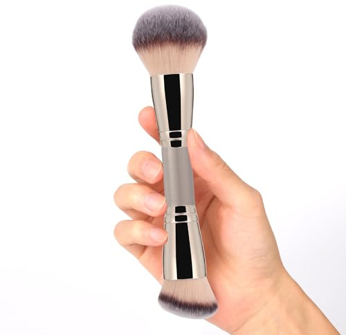Dual-Ended Makeup Brush: Round & Angled Powder Brush, 100% Vegan Synthetic Blush Brush for Cheeks, Foundation Brush Flawless Blending and Application of Liquid, Powder, Cream, Blush