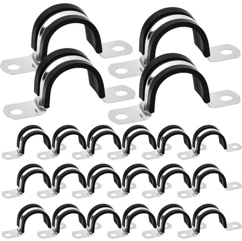 22 Pcs Stainless Steel Rubber Lined Pipe Clamps, 25mm P Clips, Hose Clip, U Brackets, Cable and Tube Mounting Clamps, R Shape Cushioned Pipe Straps for Secure Fixing