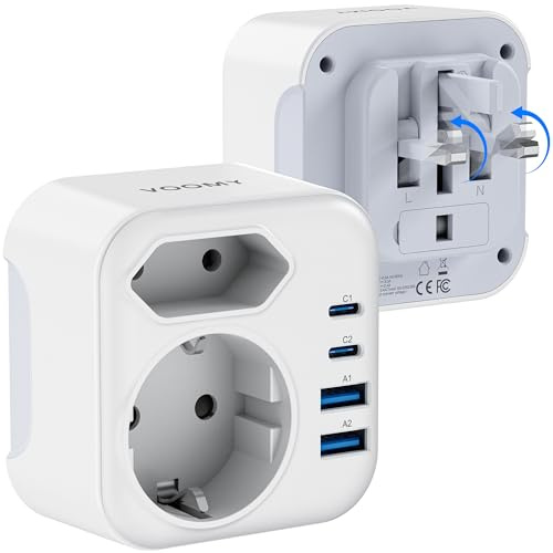 Voomy Adattatore Universale da Viaggio Tipo G – Travel Adapter Inghilterra con 2 USB-C e 2 USB-A, Pieghevole, realizzato con materiali ignifughi 3750 W, per Irlanda, Scozia, Malta e EAU (Y724)