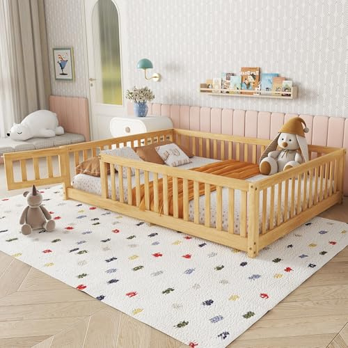 Full Size Montessori Floor Bed with Slats, Door and Guardrails, Natural