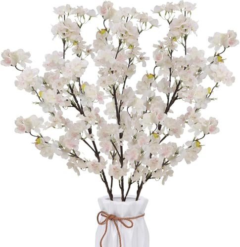 Zythrem 3Pcs Artificial Cherry Blossom Branches 110CM White Cherry Blossom Artificial Flowers Silk Spring Peach Blossom Long Stems Fake Sakura Flowers Arrangements for Wedding Party Vase Home Decor