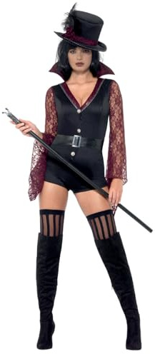 Smiffys Fever Vampire Costume, Black with High Collar Bodysuit, Attached Belt & Hat, Fever Fancy Dress, Vampire Dress Up Costumes