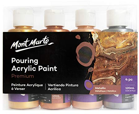 Mont Marte Pouring Set Metallic – 4 Stück x 120ml – Acryl Pouring – Acrylfarben mit Pouring Medium vorgemischt – Gold, Silber, Bronze, Roségold