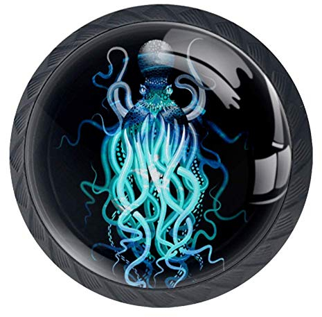 Black and Blue Octopus 4 Pcs Crystal Glass Cabinet Dresser Knobs Drawer Door Cabinet Knobs Pull Handles for Kitchen Bathroom Unique