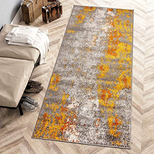 Carpeto Teppich Wohnzimmer 70x250cm Anthrazit Orange Abstrakt Weich Elegant | Teppich für Schlafzimmer Esszimmer Büro Pflegeleicht Fußbodenheizungsgeeignet Reinigungsmittelbeständig Kurzflor Synthetisch
