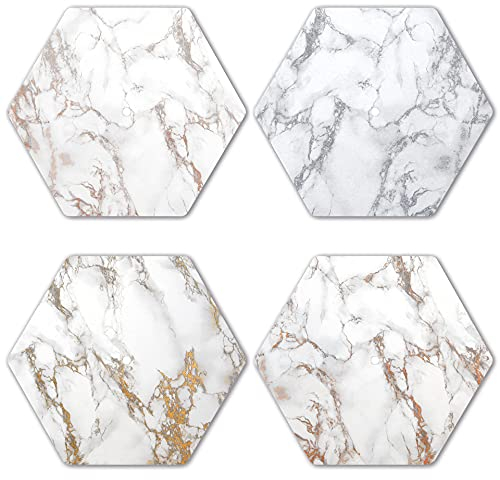 Interluxe LED Untersetzer Hexagon 4er Set - Marmor Optik - Vier leuchtende Design Untersetzer als Tischdeko, Geschenkidee, Party, Marmor