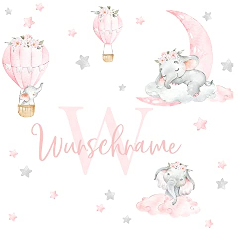 Little Deco Wandtattoo Elefanten & Wunschname I Wandbild 58 x 35 cm (BxH) I Kinderzimmer Babyzimmer Wandaufkleber Mädchenzimmer Ballon Wandsticker Aufkleber DL318-D10