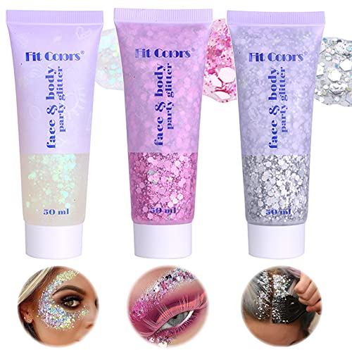 Miioto Glitter Corpo Gel, Glitter Corpo e Capelli, Brillantini Corpo,Glitter Make Up, Brillantini Adesivi per Viso, Glitter Gel per Viso, Unghie, Occhi,Labbra,Capelli,Corpo,Feste in Maschera, 3 Colori