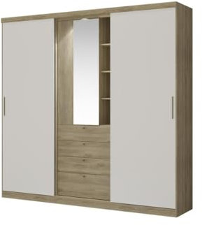 Vente-unique-Armario 2 Puertas correderas - Espejo y cajones - L.240cm - Natural y Marfil - BODIL II