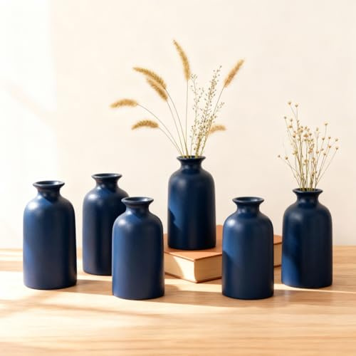 Blaues Keramikvasen Set – 6er Set Kleine Boho Vasen – Moderne Dekovasen aus Keramik für Tischdeko, Wohnzimmer, Büro, Regal & Home Decor