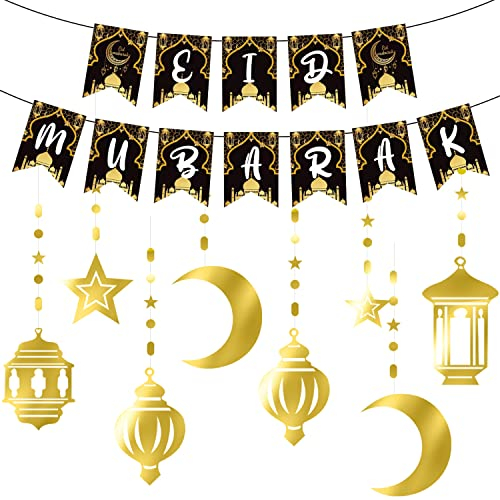 Eid Deko, Eid Mubarak Banner Gold Stern Mond Ramadan Dekorationen, EID Mubarak Deko für Eid Festival Party Dekoration, Ramadan Kareem Dekoration