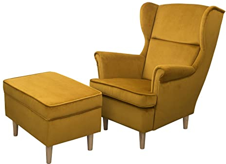 MargaretHadas24 Ohrensessel Teramo mit Hocker bequemer Sessel Wohnung Relaxsessel (Kronos 01 - gelb)