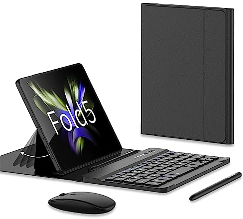 COQUE Support de Cas de téléphone Portable pour Samsung Galaxy Z Fold 5,Souris Bluetooth,Clavier,étui en Cuir,Stylet+Fente Stylo téléphone Bureau kit-Noir