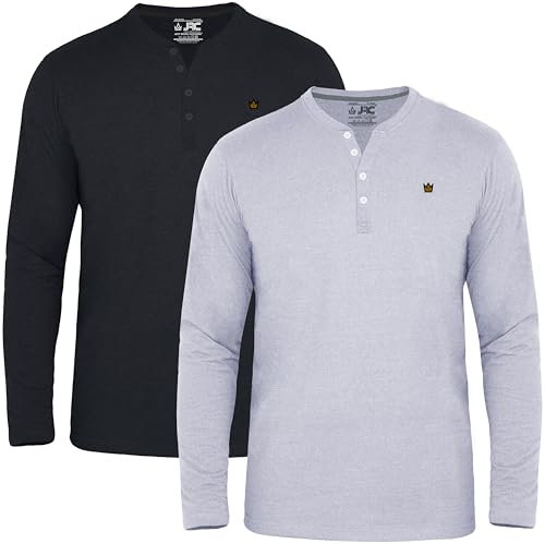 JRC 2 Pack Mens Long Sleeve Henley Shirts, Lightweight Henley Tops for Gym, Running & Casual Outings (Heather Grey, Charcoal, 2XL)