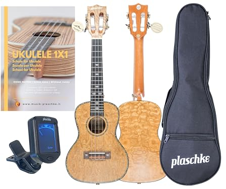 Alp-Gold Ukulele Konzert Premium Esche mit Tasche, Lehrbuch und Stimmgerät aus Südtirol/Italien