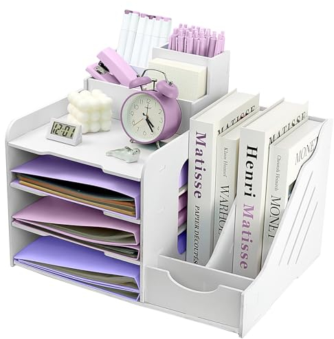 Bac à courrier A4 à 4 niveaux avec plateau de classement empilable, organiseur de papier de bureau avec porte-stylo (blanc)