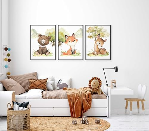 WANDKIND Kinderzimmer Poster Set Premium P795 / niedliche Waldtiere Portraits Babyzimmer Wandbild (A4 - Rahmen/Frame Weiß/White)