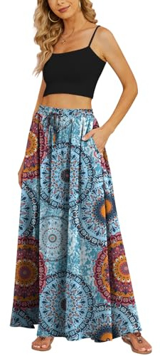 Yincro Maxirock für Damen, fließend, Sommer, plissiert, hohe Taille, lässig, lange Röcke mit Taschen, Flower Mix blau, XX-Large