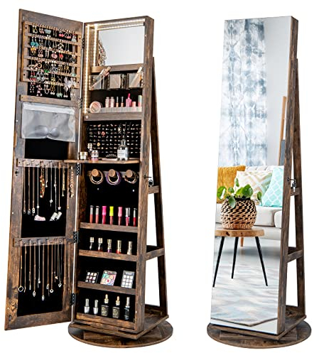 COSTWAY Schmuckschrank mit LED, Spiegelschrank 360° drehbar, mit rahmenlosem Ganzkörperspiegel, Schmuck-Organizer abschließbar, Schmuckaufbewahrung (Vintage)