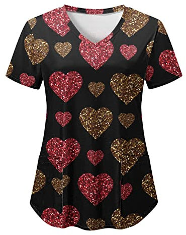 Sizoer Kasack Damen Pflege Berufskleidung Kurzarm V-Ausschnitt Schlupfkasack Muster Schlupfhemd Mit Taschen Krankenschwester Blusen