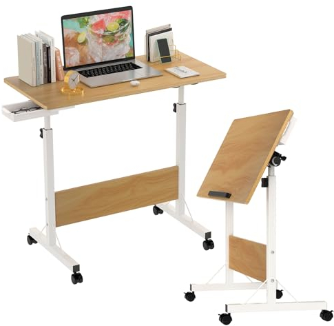 Wohenster Klapptisch Laptoptisch höhenverstellbarer Schreibtisch mit drehbarer Rollen Portable Faltbar PC Tisch Klein Campingtisch klappbar Arbeitstisch, 80x40cm Beige Foldable Table für Homeoffice