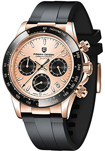 Pagani Design Klassische Quarzuhr für Herren, Japanisches Uhrwerk VK63, Keramik-Lünette, Edelstahl, wasserdicht, Business Sport, Chronograph Datum (Gold-schwarz-pd1664-leder)