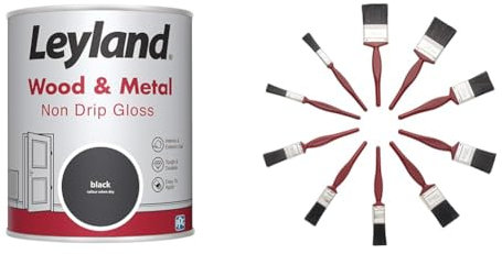 Leyland Wood & Metal Non Drip Gloss, Black, 750 ml & Fit For The Job 10 pc Mixed Sizes Paint Brush Set for a Smooth Finish with Emulsion, Gloss, Satin