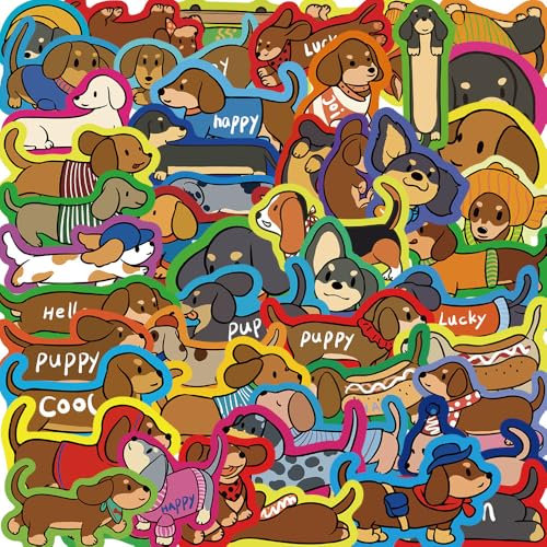Dachshund Stickers 50 Pcs Waterproof Funny Cartoon Colorful Edge Dog Stickers for Laptop Water Bottle Computer Phone Luggage Skateboard Scrapbook Bike Car,Vinyl Cute Animals Sticker for Teens Girl
