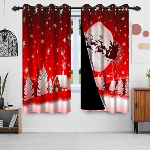 Uiiooazy Gardinen Weihnachten, Vorhänge Abstrakt Waldmotiv Winter Landschaft Weihnachtsbaum Thermogardinen Blickdicht mit Ösen Verdunklungsvorhänge für Wohnzimmer Schlafzimmer, 2er Set, 140Bx225Hcm