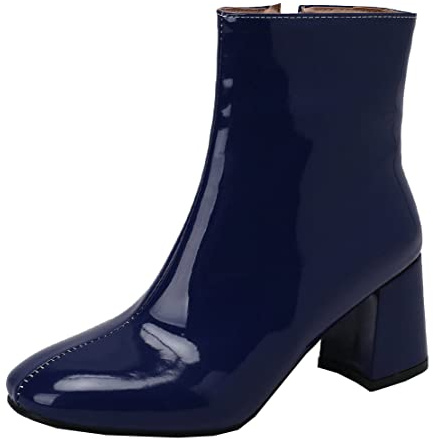 MISSUIT Damen Lack Ankle Boots Blockabsatz High Heels Stiefeletten Reißverschluss Kurzschaft Stiefel