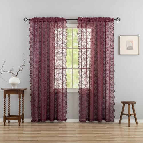 Burgunderrote Vorhänge für Wohnzimmer, Landhausstil, 244 cm lang, 2 Paneele, private Vorhänge, Weihnachten, Urlaub, Weihnachten, saisonales Bauernhaus-Thema, Winterdekoration, 132 cm B x 244 cm L,